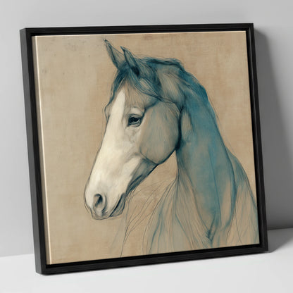 Teal Equine Study horse portrait canvas wall art in black frame