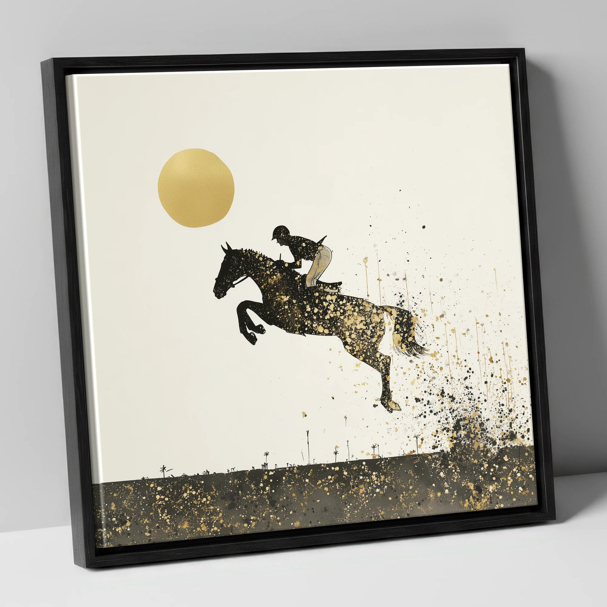 Golden Flight show jumping horse canvas wall art in black frame