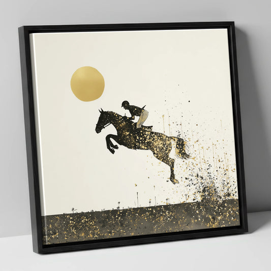 Golden Flight show jumping horse canvas wall art in black frame