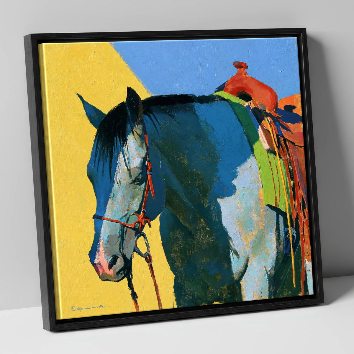 Western Horse in Blue and Yellow horse breed canvas wall art in black frame