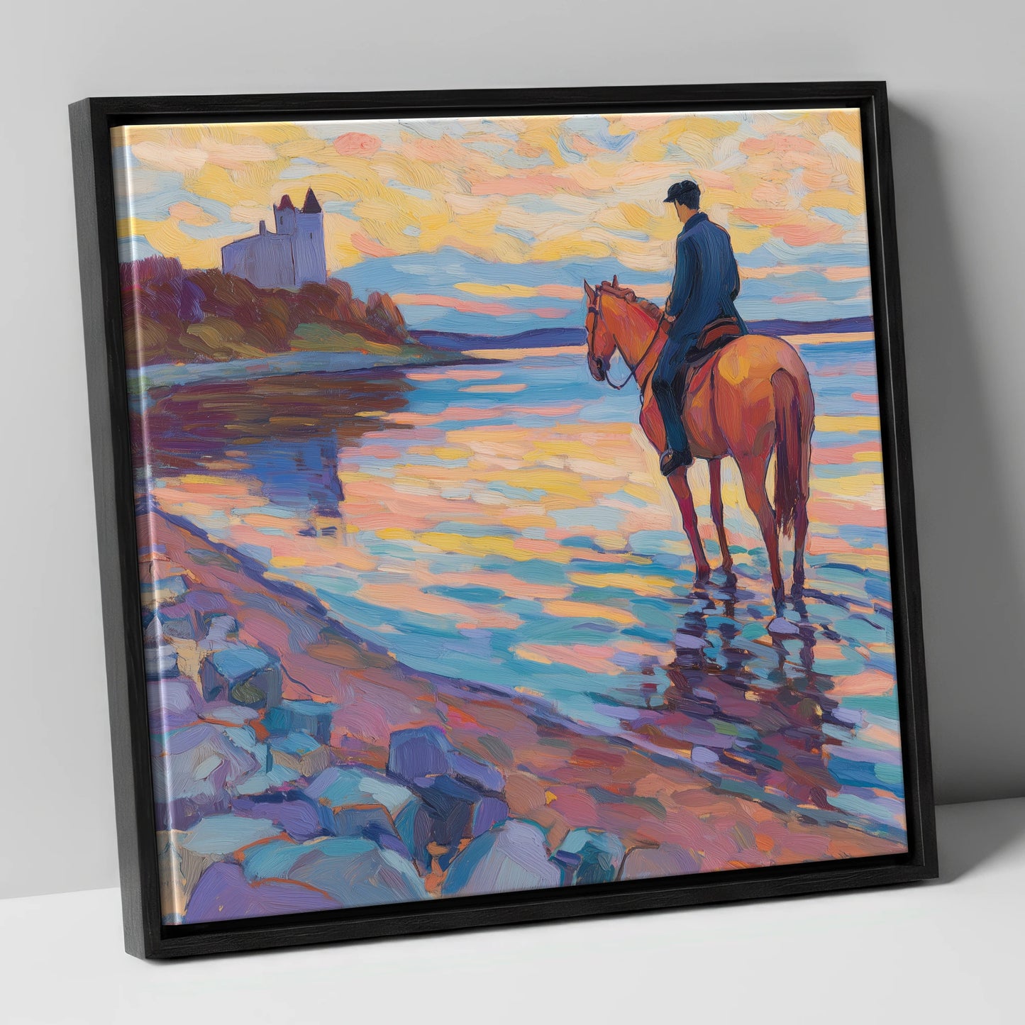 Rider at Castle Bay beach horse canvas wall art in black frame