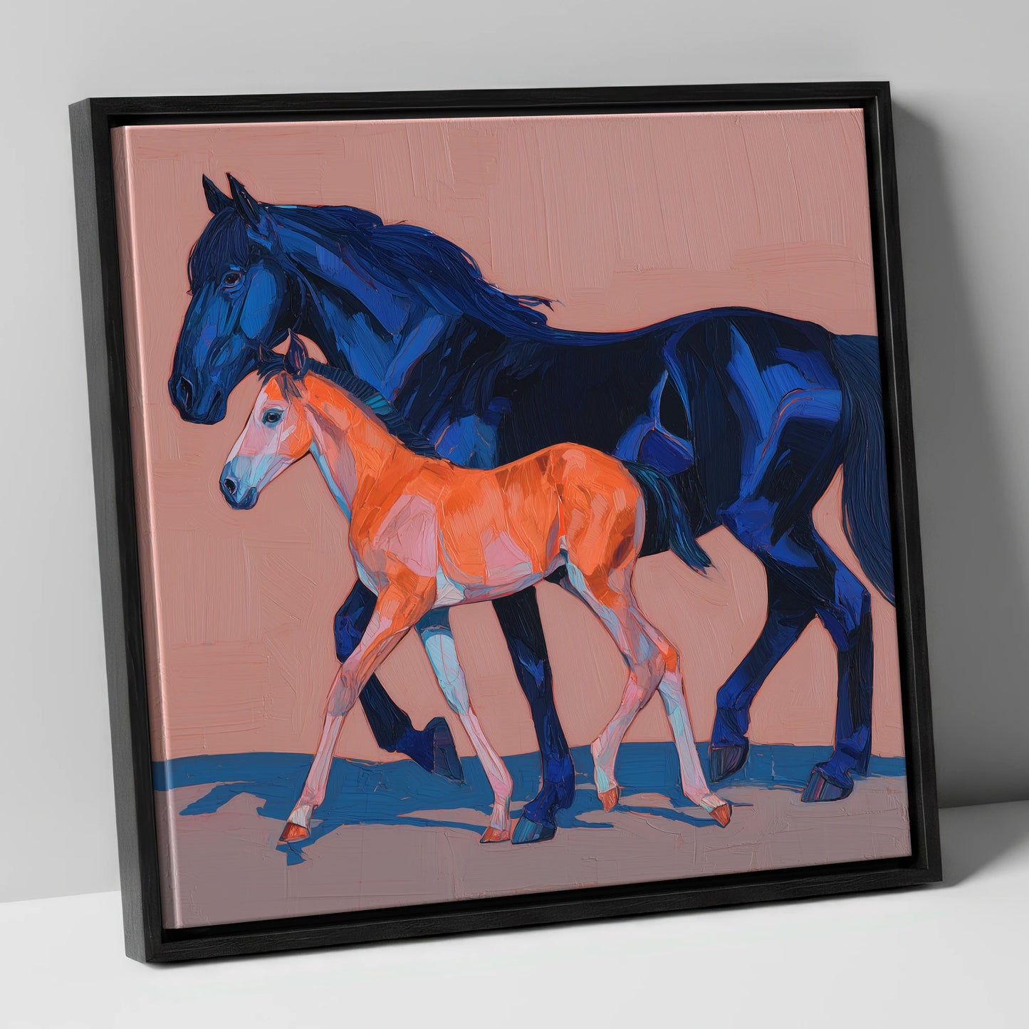 Cobalt and Coral mare & foal canvas wall art in black frame