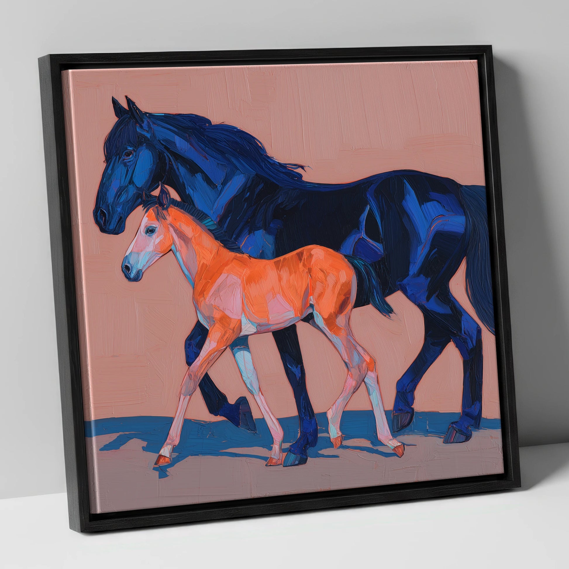 Cobalt and Coral mare & foal canvas wall art in black frame