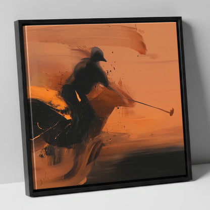 Strike in Amber polo horse canvas wall art in black frame