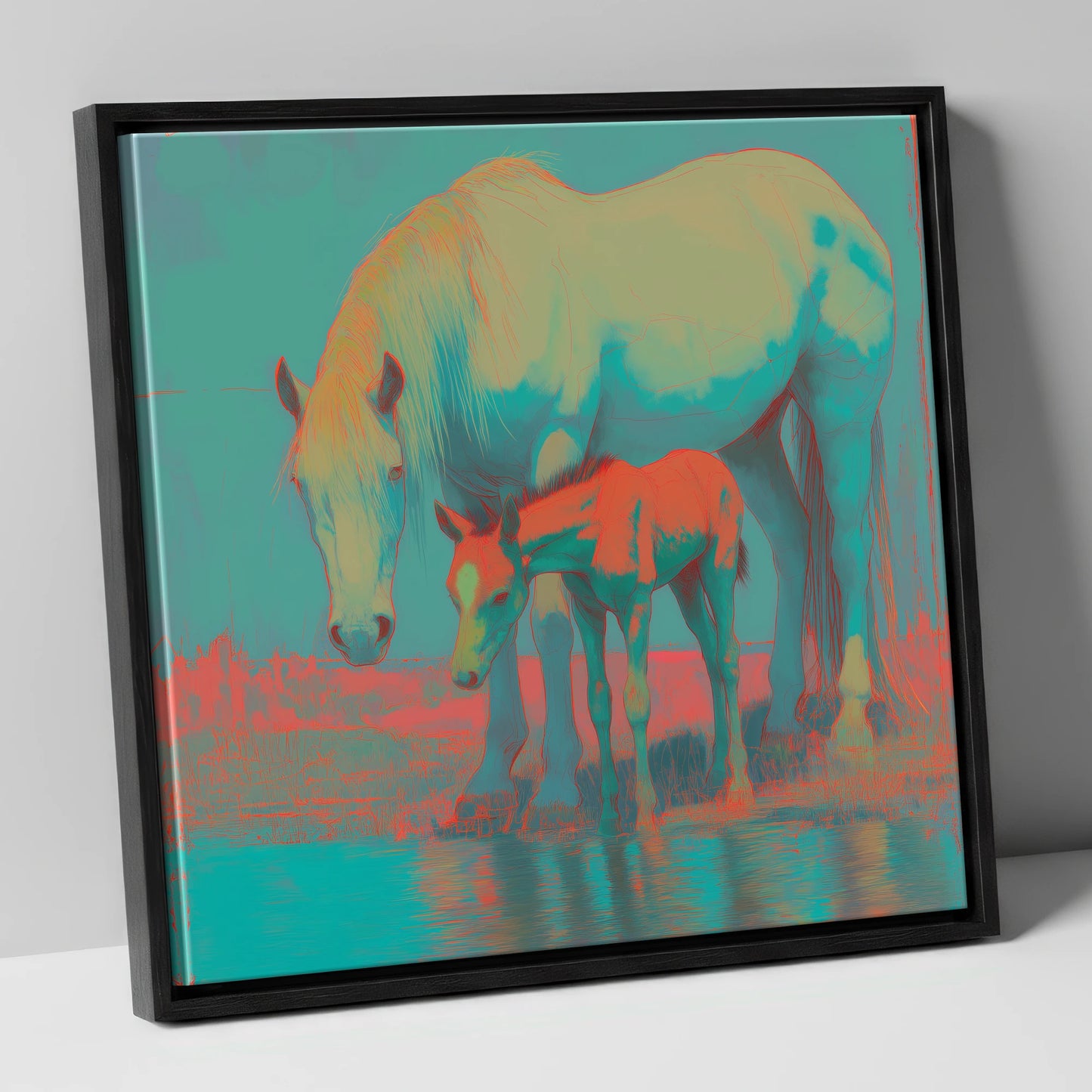 Electric Shoreline Bond mare & foal canvas wall art in black frame
