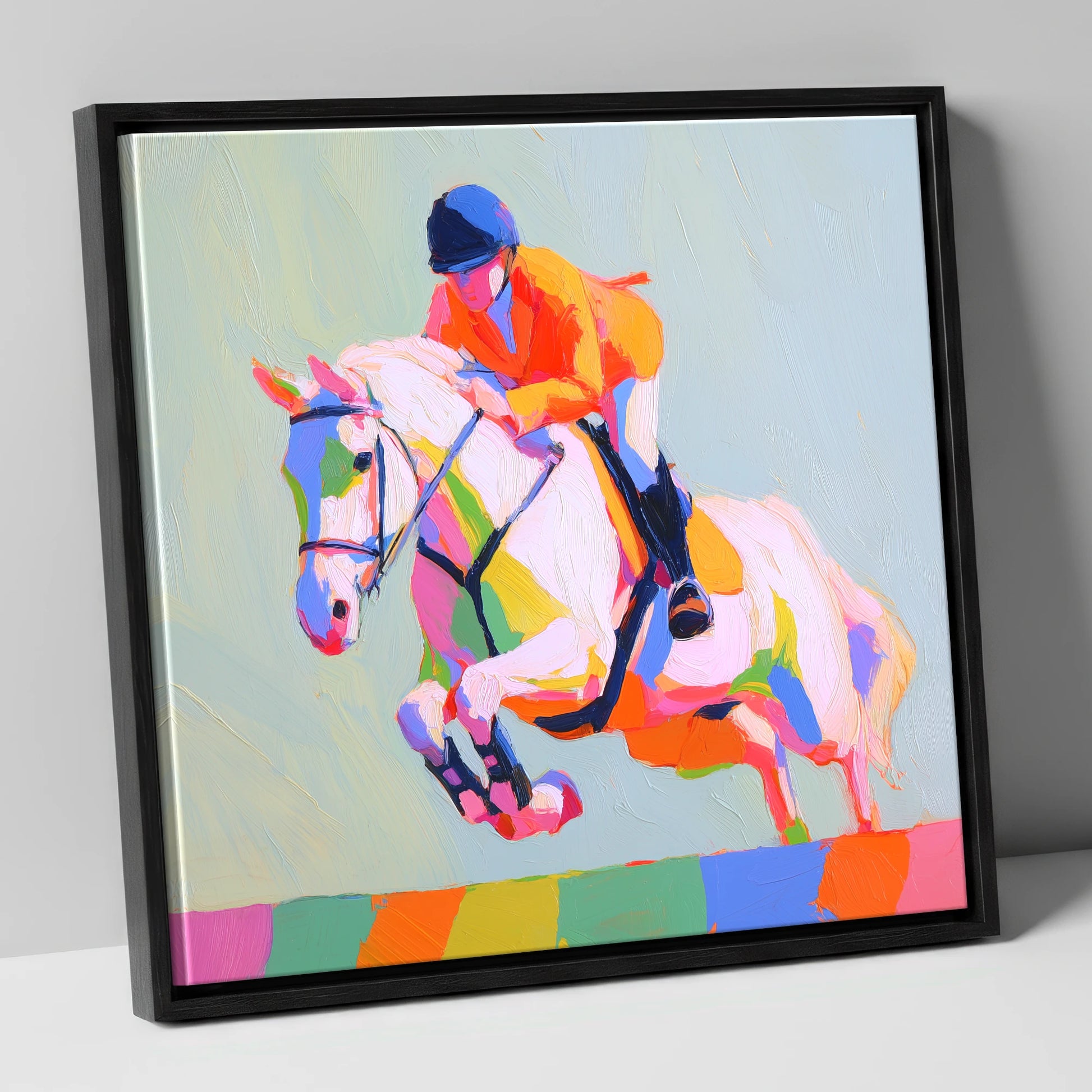 Technicolour Flight show jumping horse canvas wall art in black frame