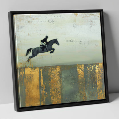Flight Over Gold show jumping horse canvas wall art in black frame