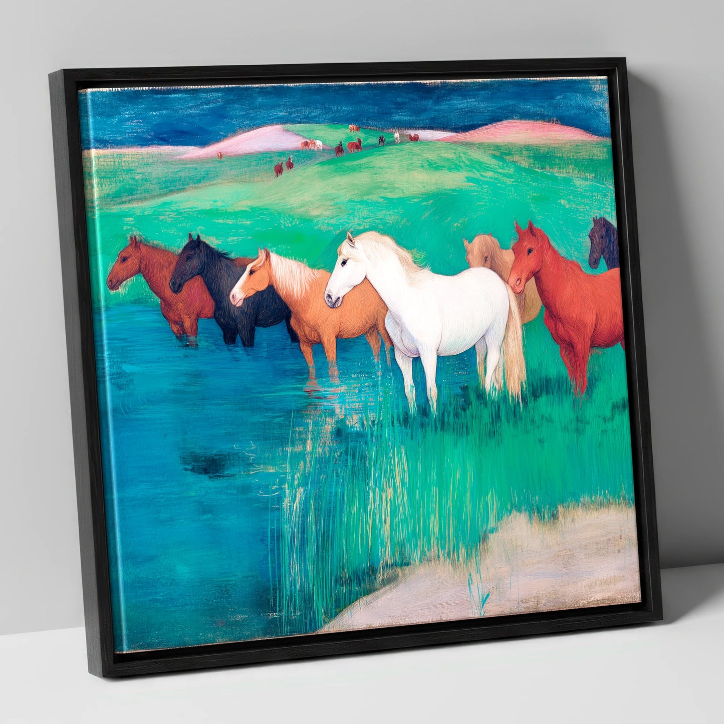 The Emerald Shallows wild horses canvas wall art in black frame