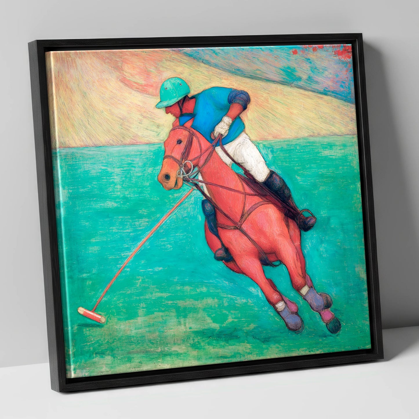 The Crimson Chukka polo horse canvas wall art in black frame