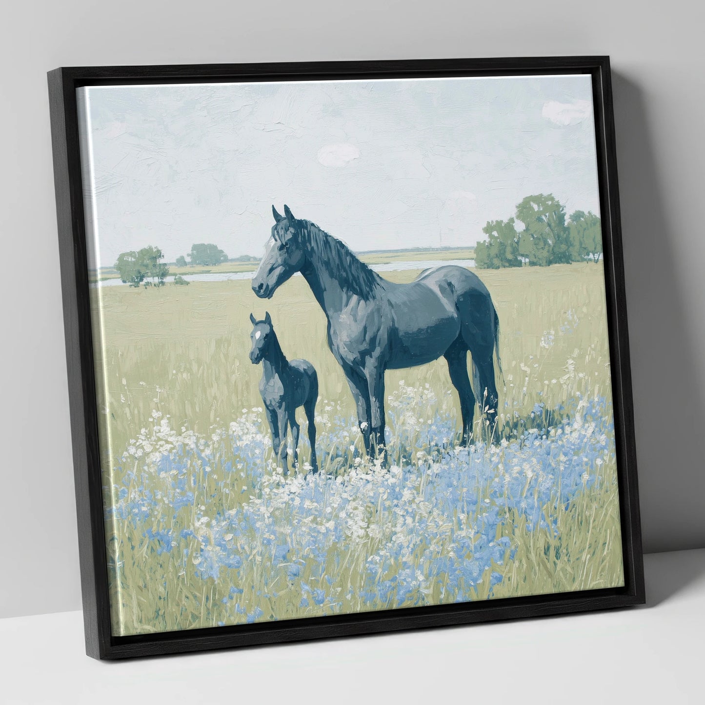 The Blue Meadow mare & foal canvas wall art in black frame