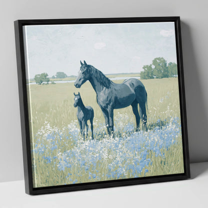 The Blue Meadow mare & foal canvas wall art in black frame