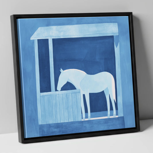 Indigo Solitude horse stable canvas wall art in black frame