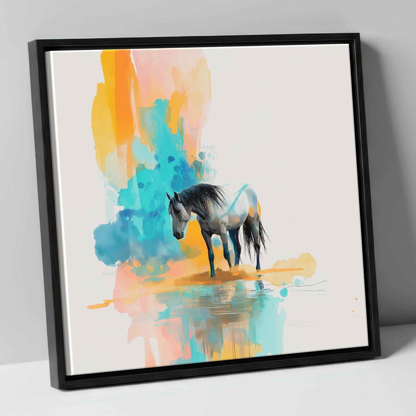 Vibrant Grey Reflection horse portrait canvas wall art in black frame