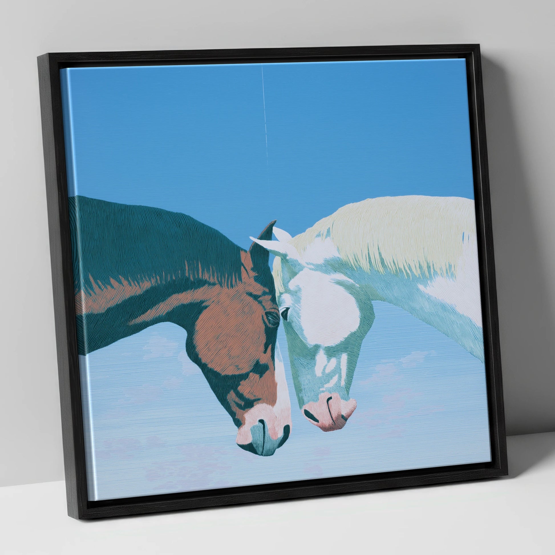 Quiet Companionship horse portrait canvas wall art in black frame