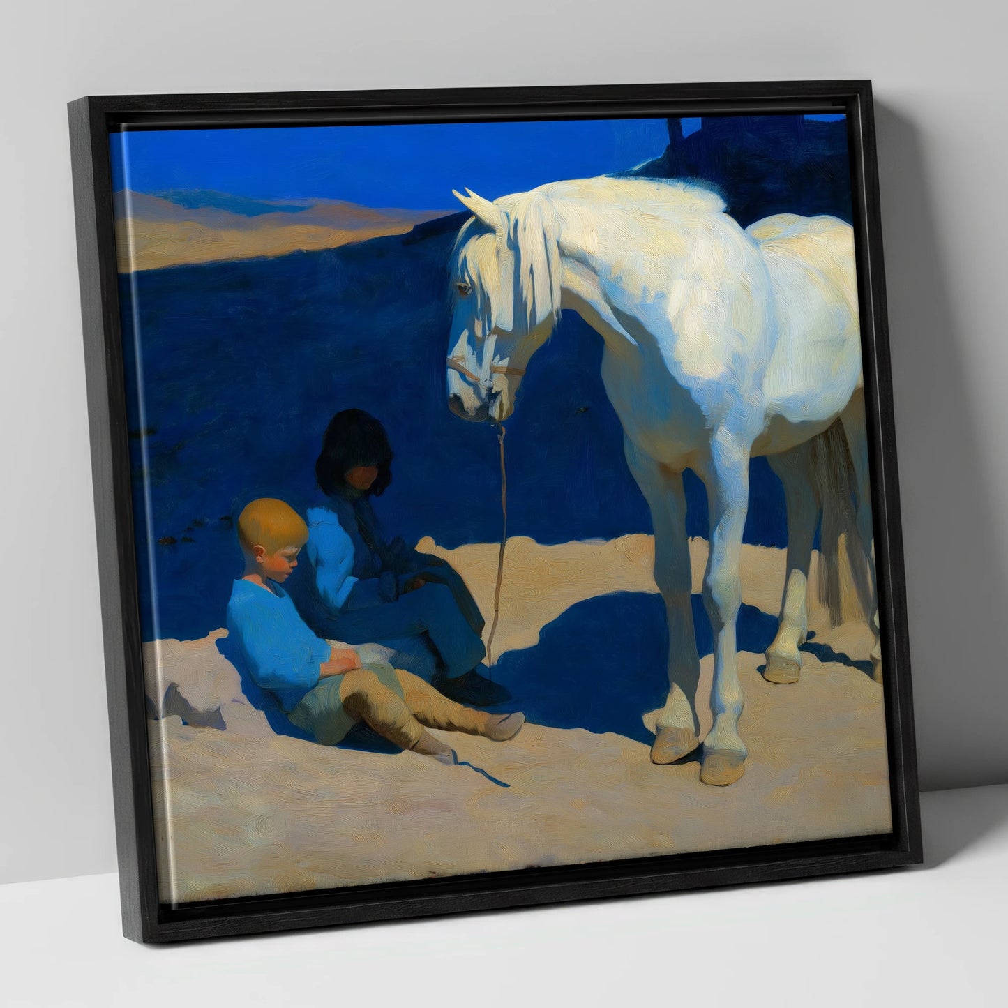 Azure and Ivory Bond horse & rider canvas wall art in black frame