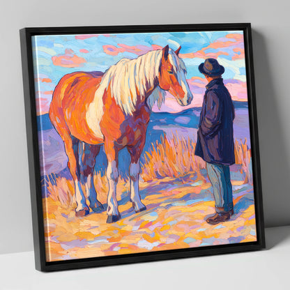 Golden Hour Harmony horse & rider canvas wall art in black frame