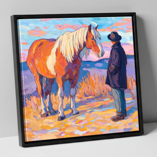 Golden Hour Harmony horse & rider canvas wall art in black frame