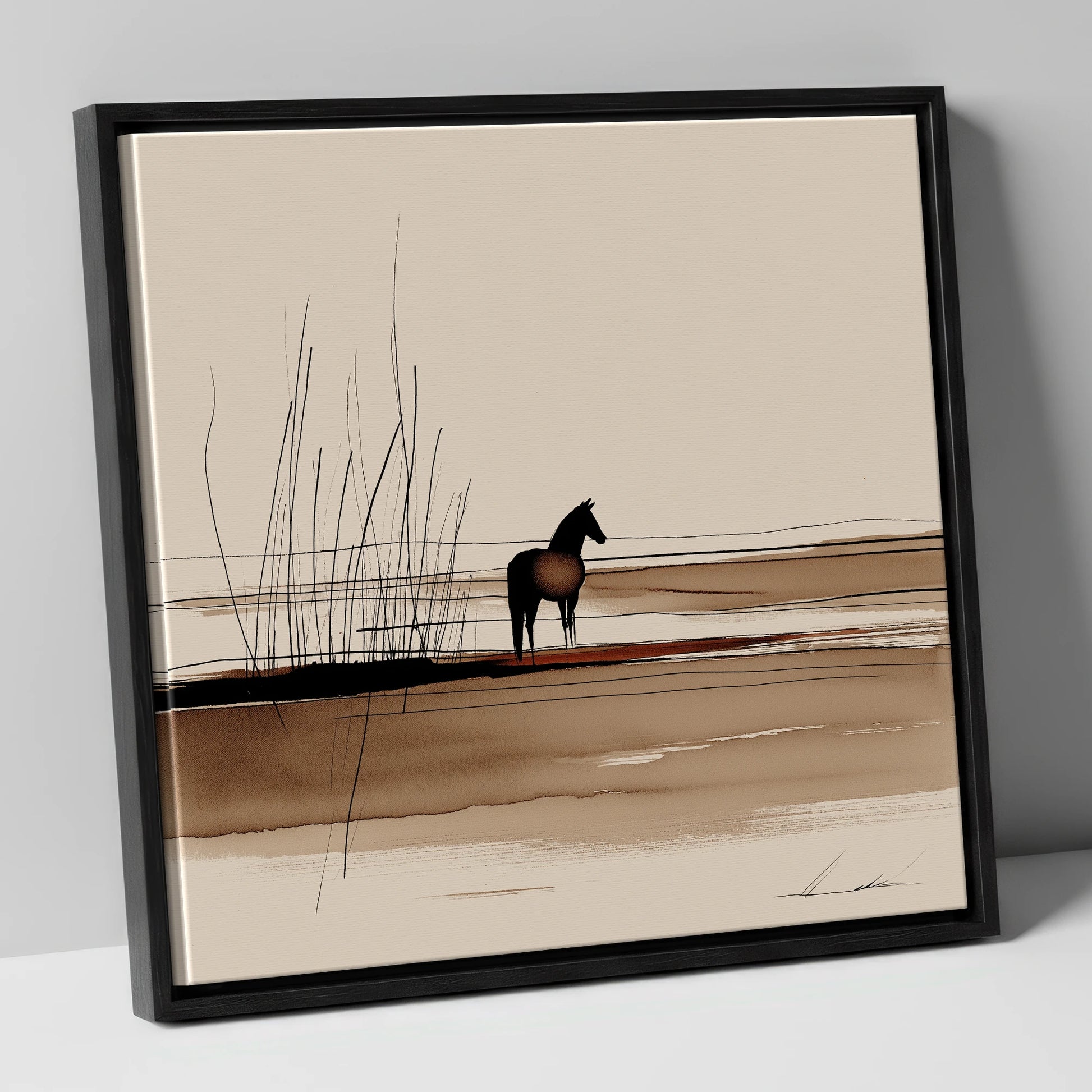 Marshland Solitude horse landscape canvas wall art in black frame