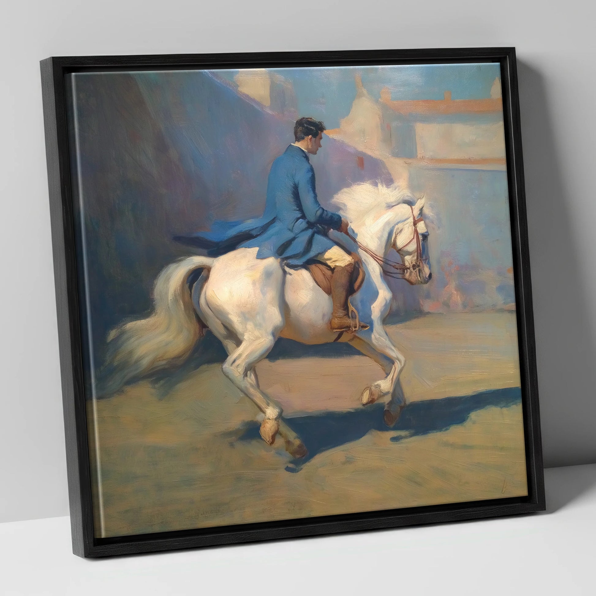 Grace in Blue and Grey dressage horse canvas wall art in black frame