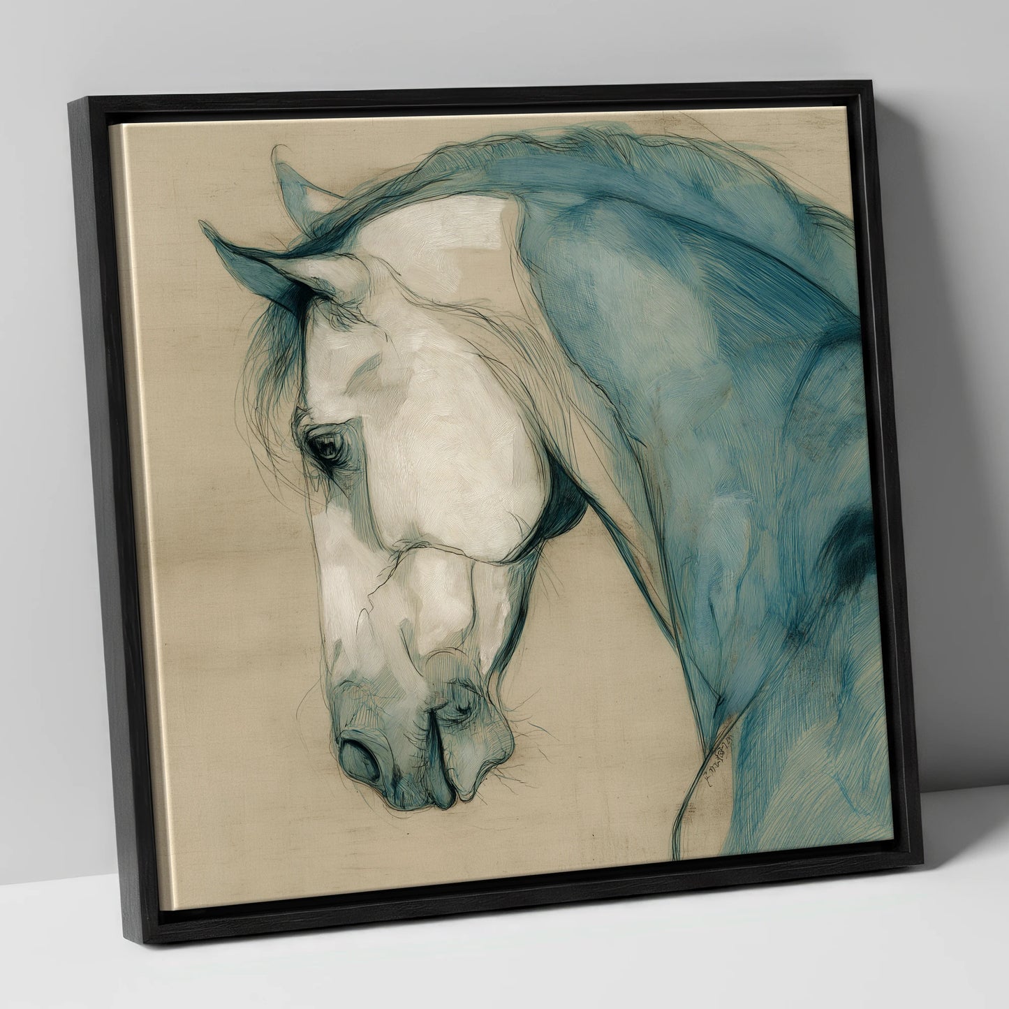 Teal Equine Study horse portrait canvas wall art in black frame
