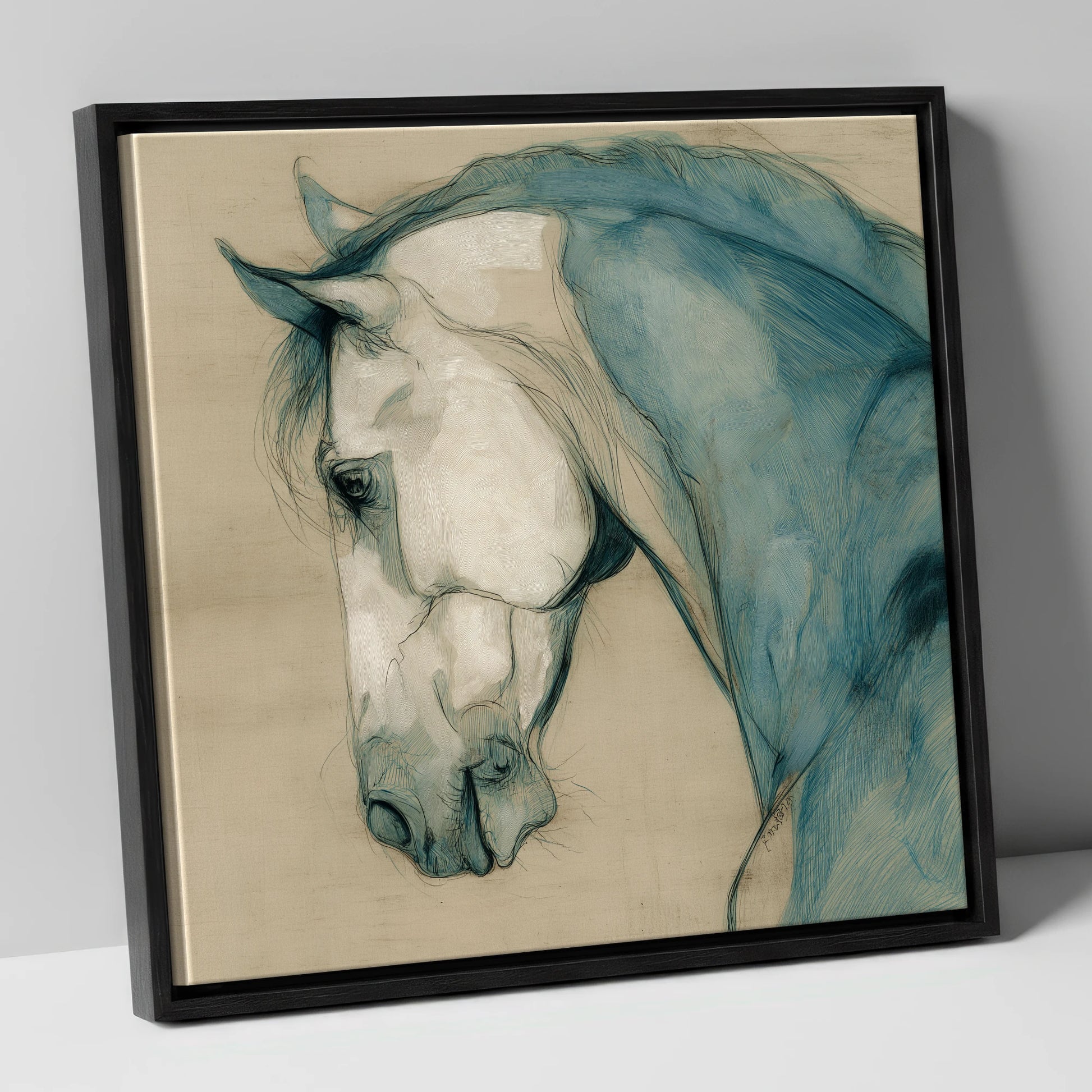 Teal Equine Study horse portrait canvas wall art in black frame