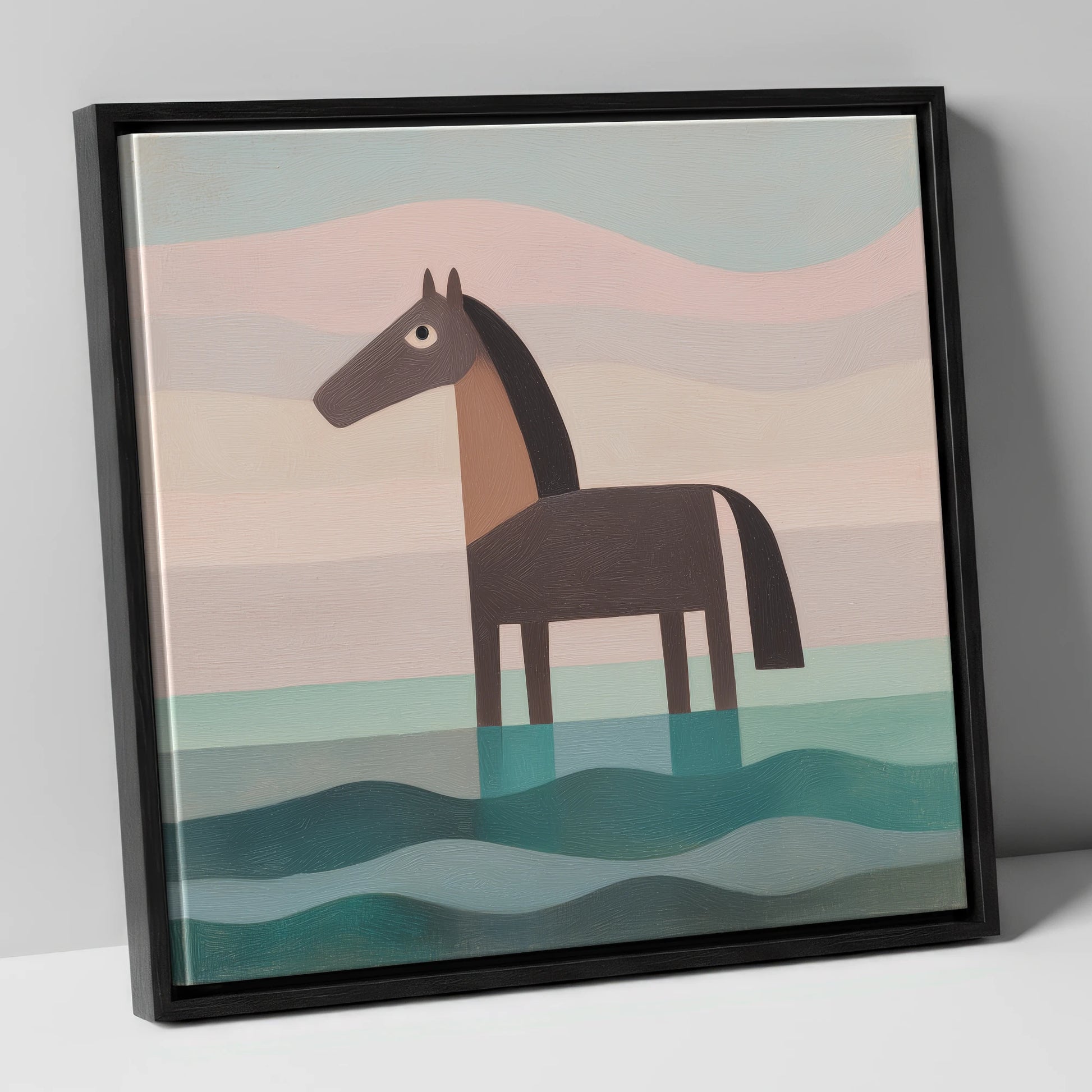Stillness in the Shallows beach horse canvas wall art in black frame