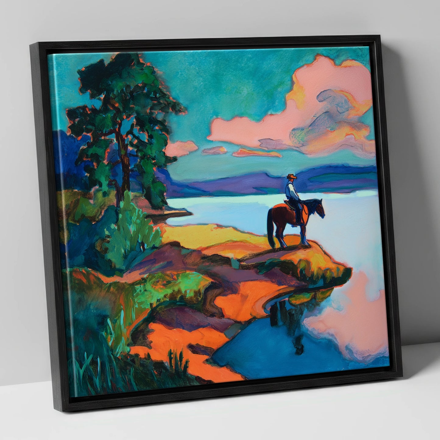 The Violet Shoreline beach horse canvas wall art in black frame