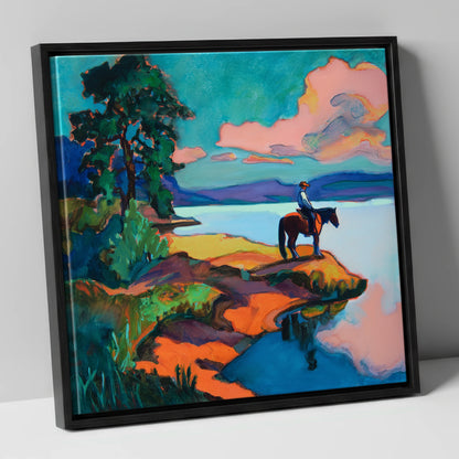 The Violet Shoreline beach horse canvas wall art in black frame
