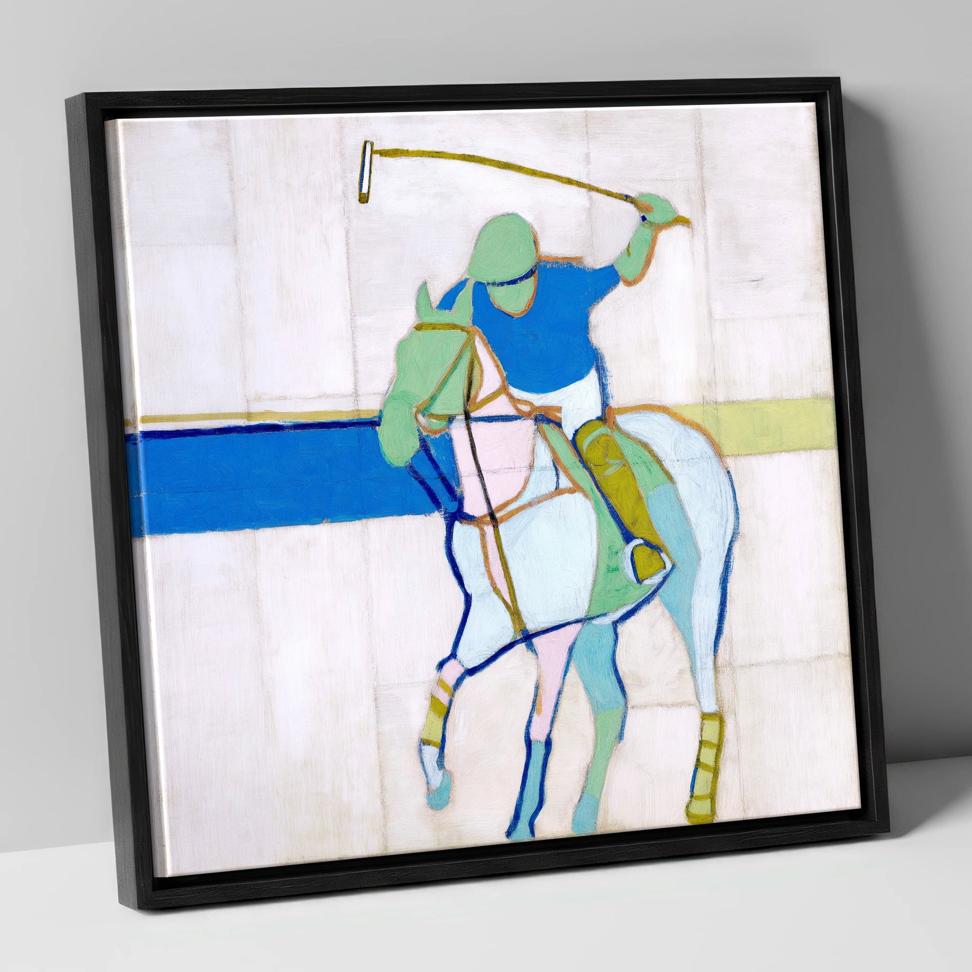 Mid-Swing Momentum polo horse canvas wall art in black frame