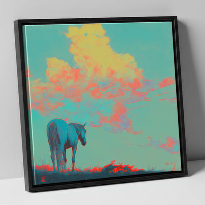 Cyan Horizon horse landscape canvas wall art in black frame