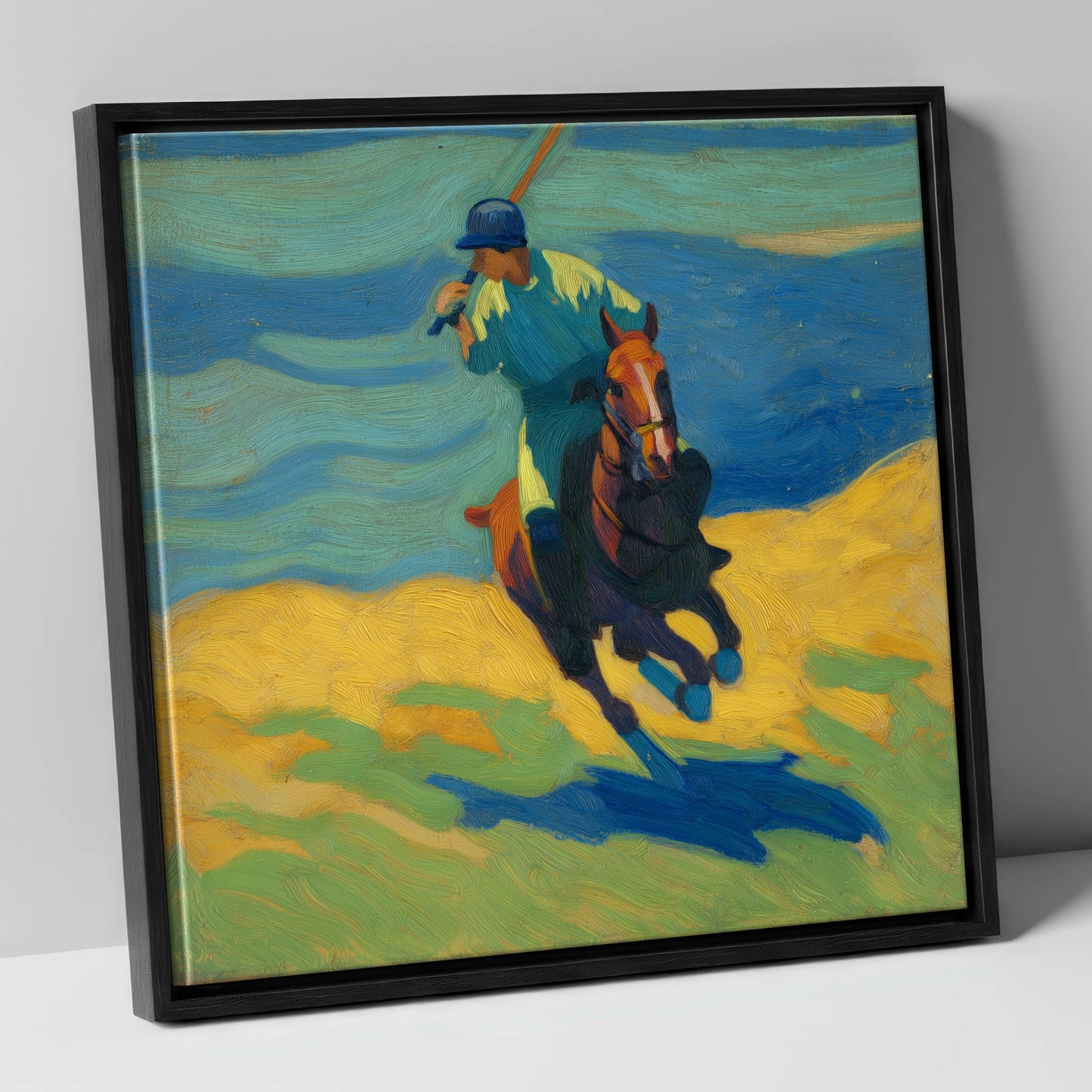 Vivid Polo Strike polo horse canvas wall art in black frame