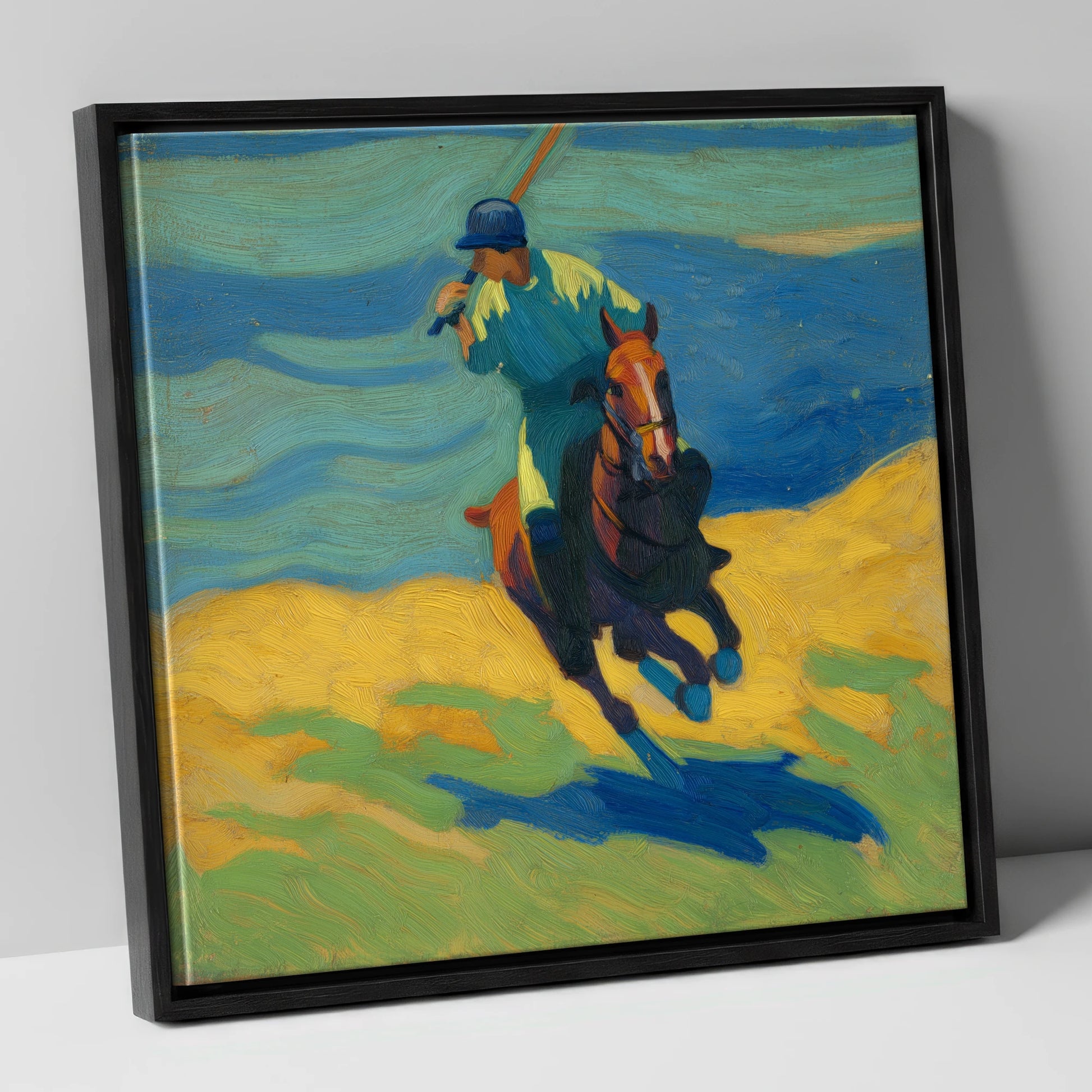 Vivid Polo Strike polo horse canvas wall art in black frame