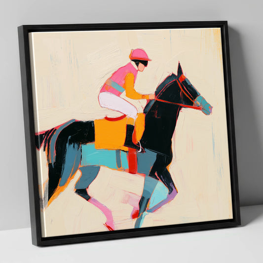Vibrant Sprint racing horse canvas wall art in black frame