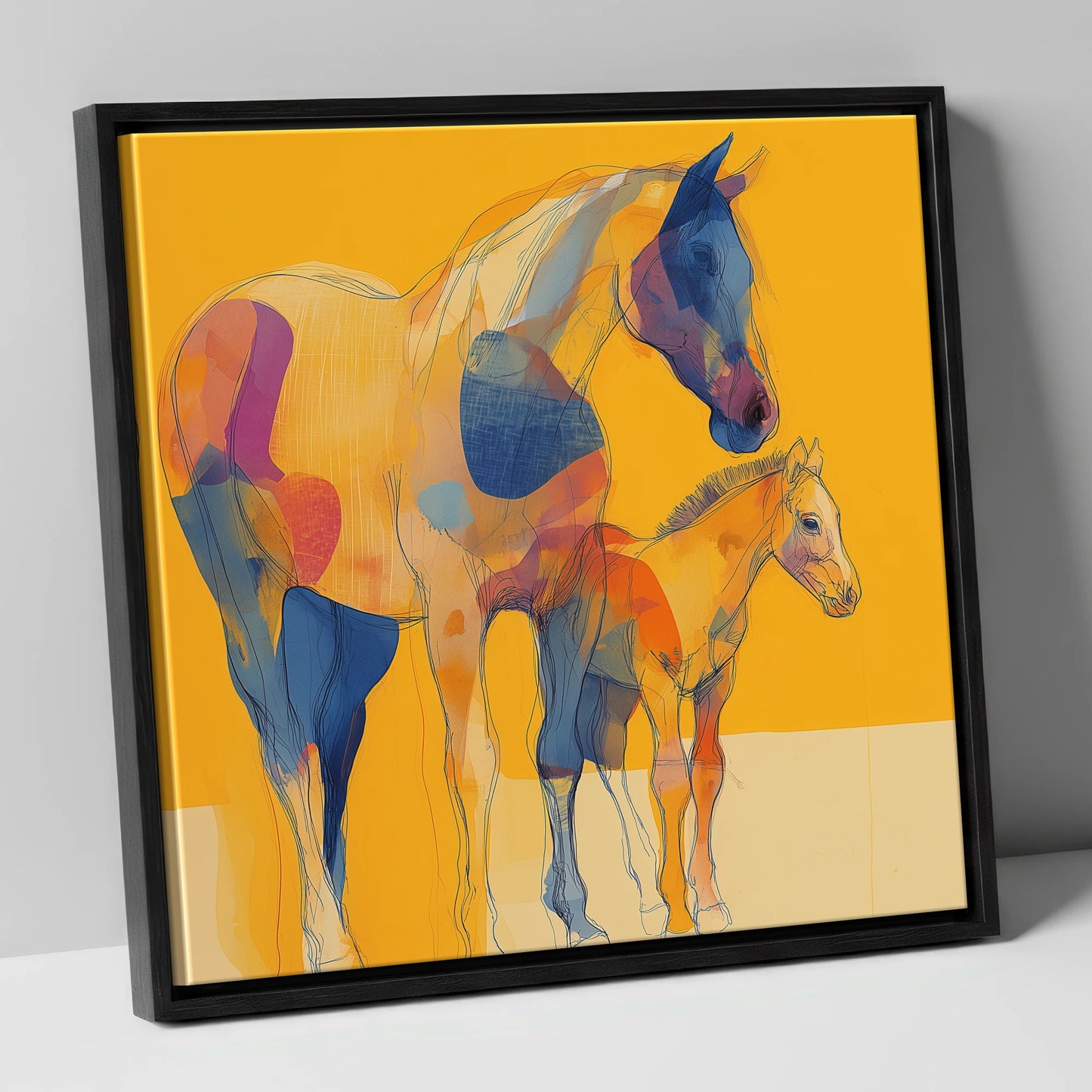 Golden Horizon Connections mare & foal canvas wall art in black frame