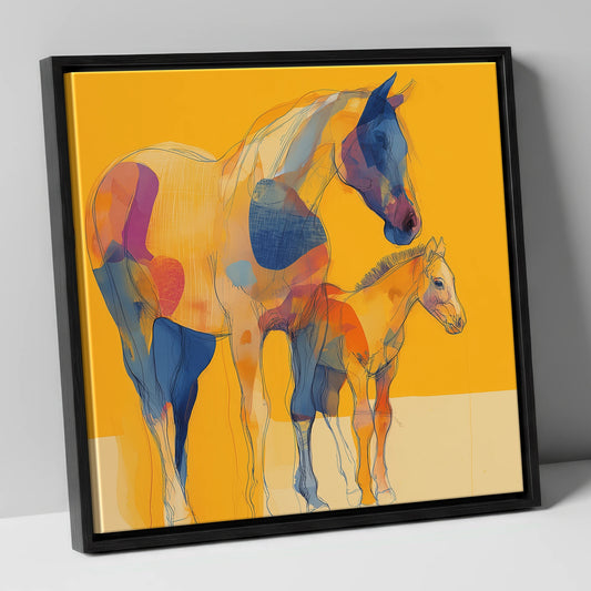 Golden Horizon Connections mare & foal canvas wall art in black frame