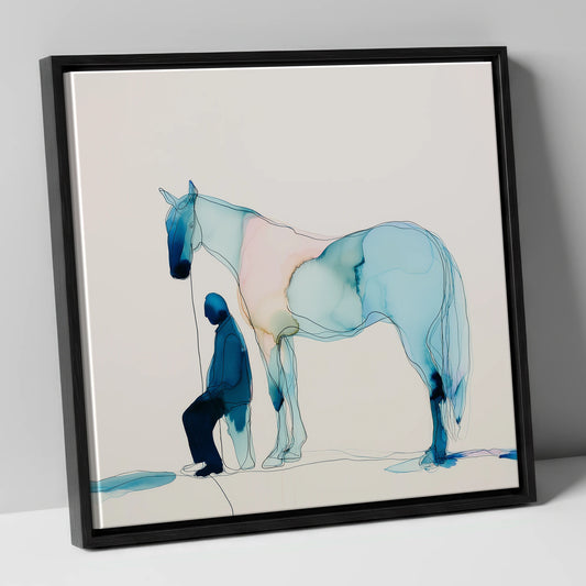 Fluid Companionship horse & rider canvas wall art in black frame