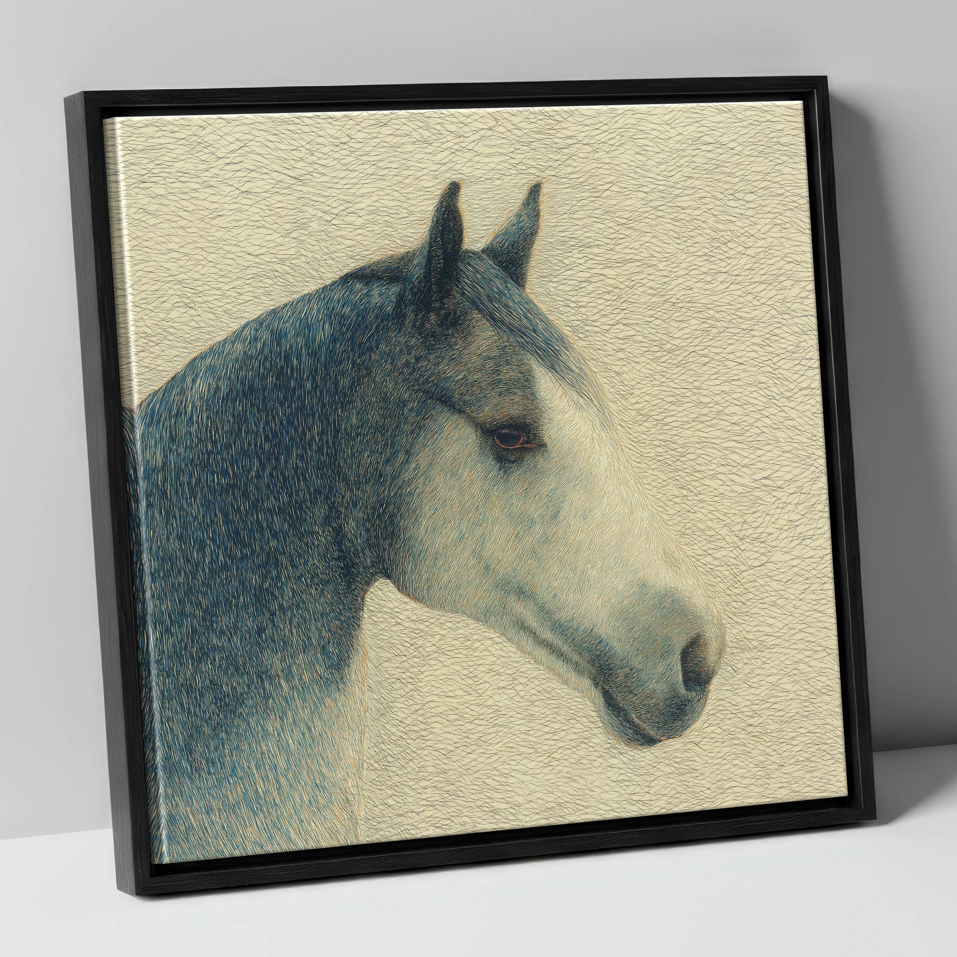 Serene Slate Profile horse portrait canvas wall art in black frame