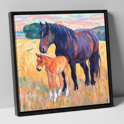 Vibrant Bond Mare and Foal mare & foal canvas wall art in black frame