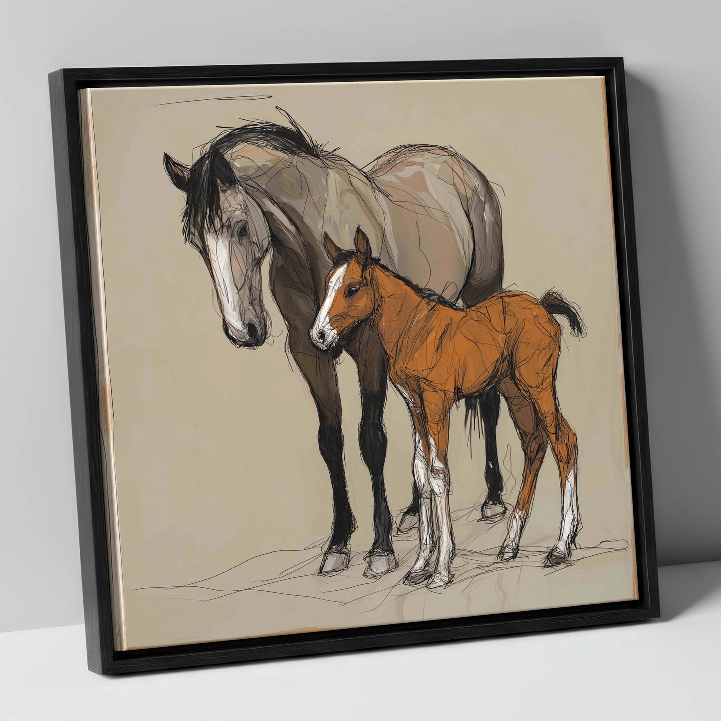 Gentle Guidance mare & foal canvas wall art in black frame