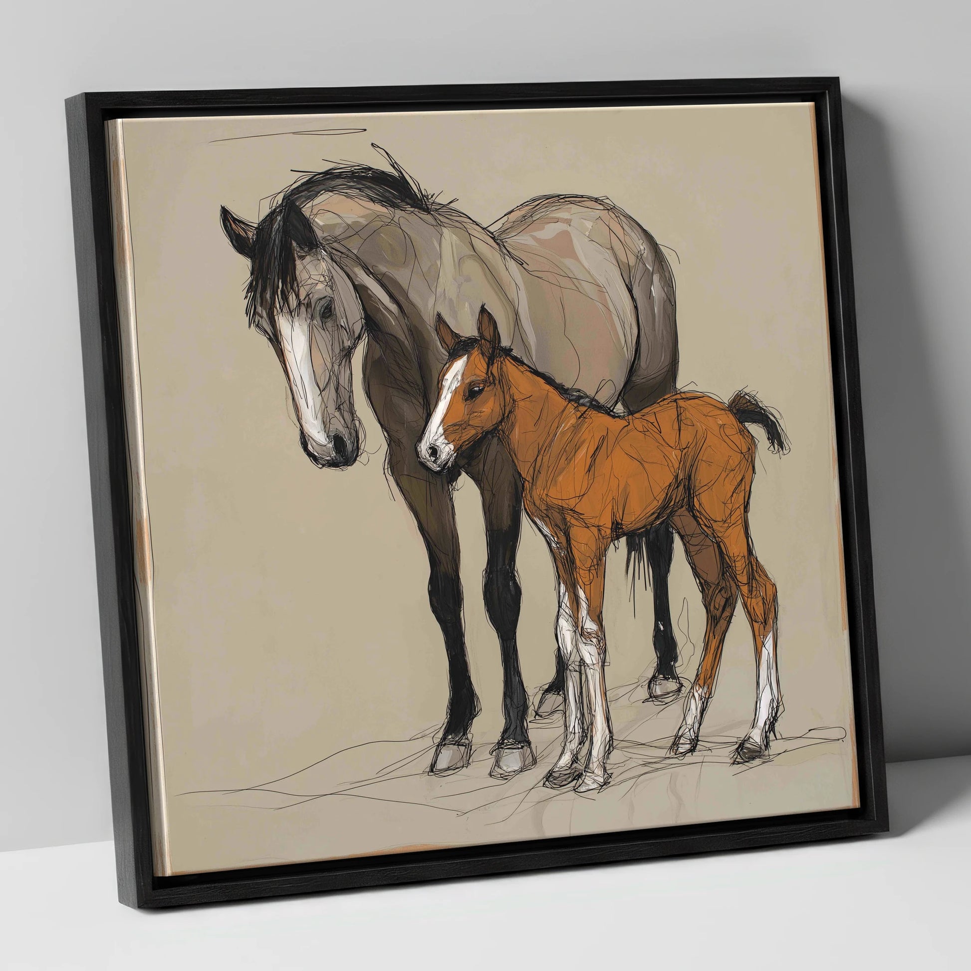 Gentle Guidance mare & foal canvas wall art in black frame
