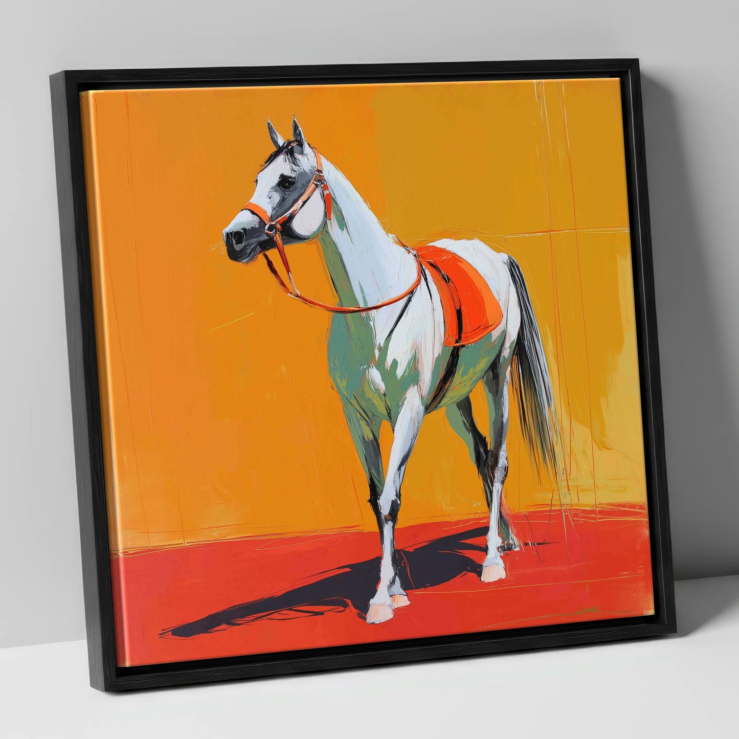 Sunlit Grey Arabian horse breed canvas wall art in black frame