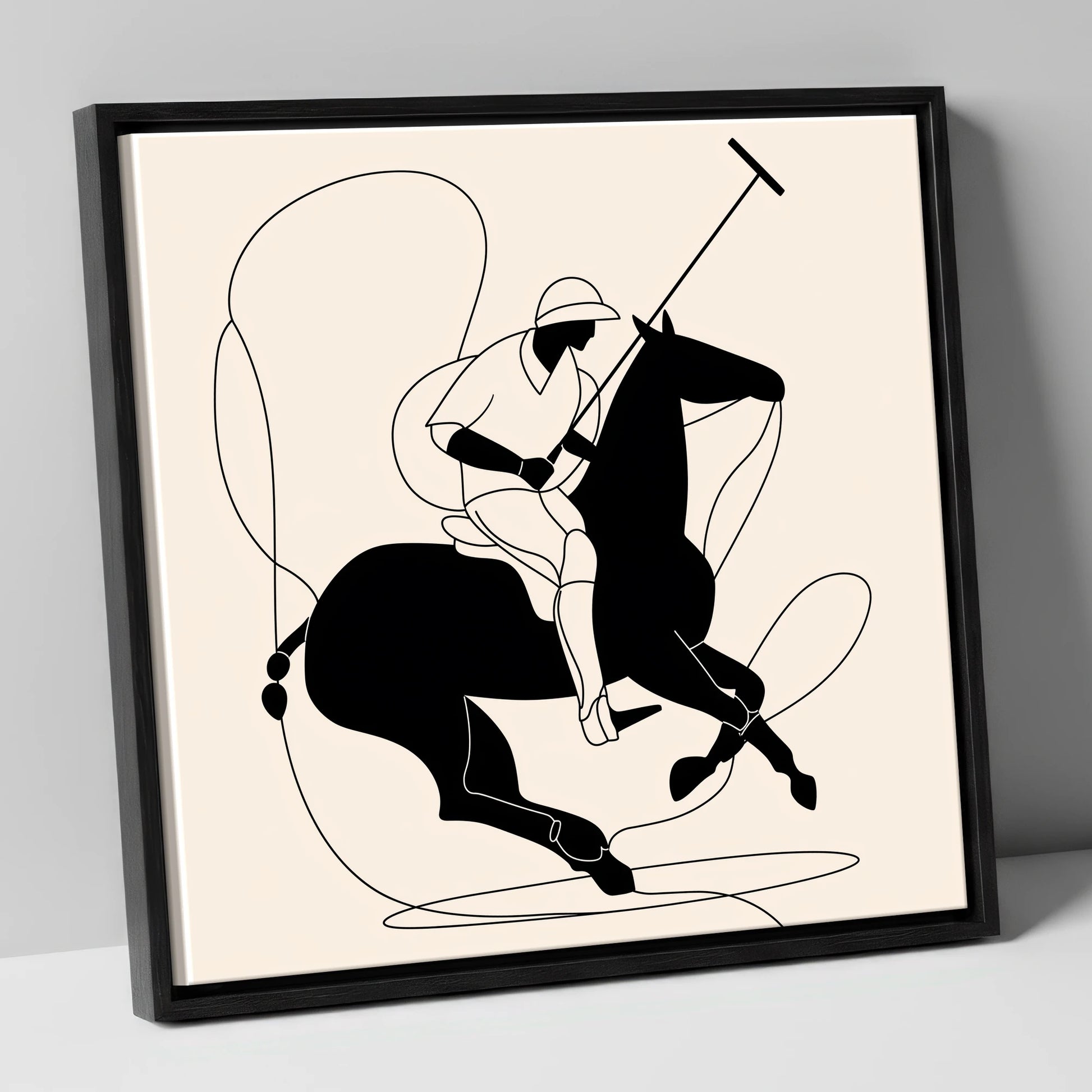 Fluid Polo Strike polo horse canvas wall art in black frame