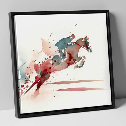 Crimson Ascent show jumping horse canvas wall art in black frame