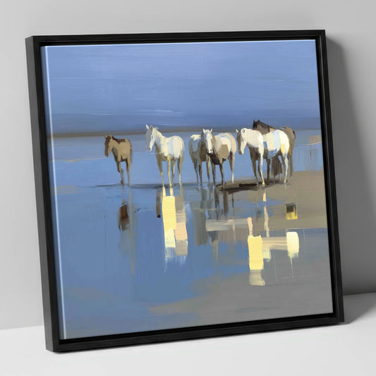 Reflections in Blue wild horses canvas wall art in black frame