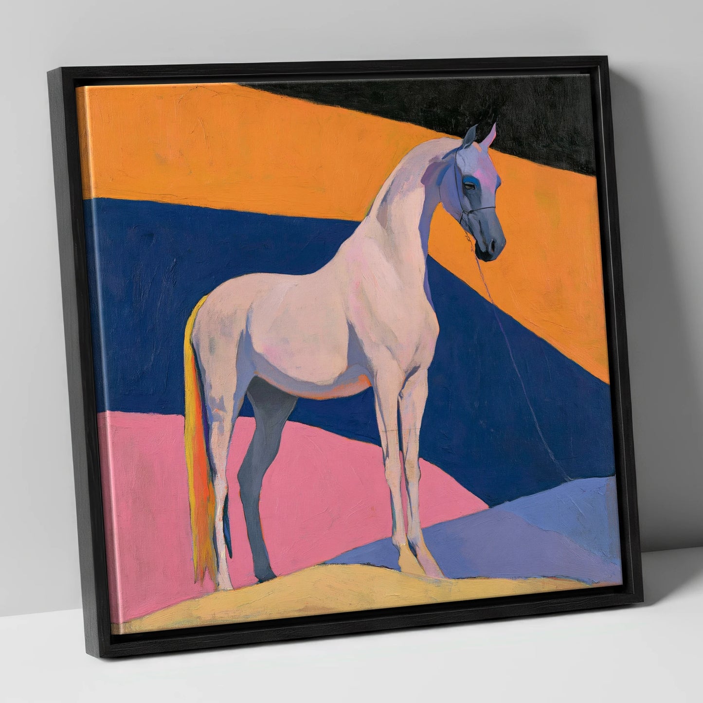 Grey Arabian Against Geometric Colours horse breed canvas wall art in black frame