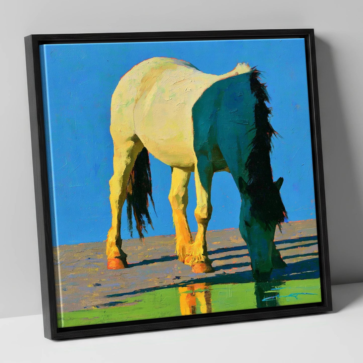 Horse Drinking in Vibrant Light horse breed canvas wall art in black frame