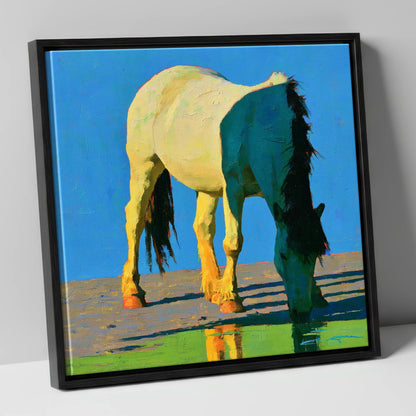 Horse Drinking in Vibrant Light horse breed canvas wall art in black frame
