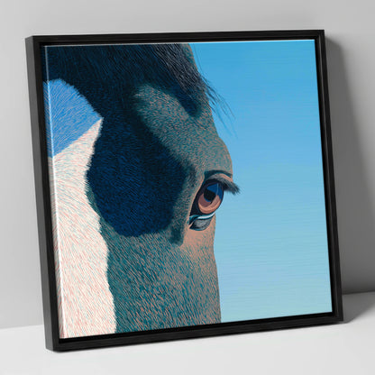 Stillness in Blue horse portrait canvas wall art in black frame