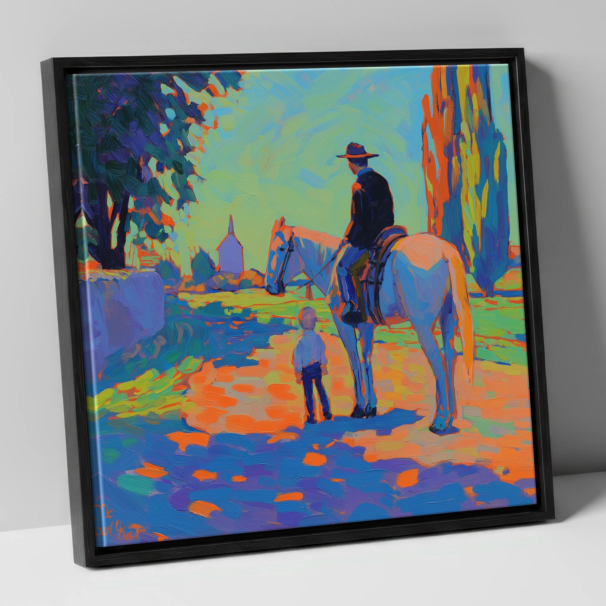 The Young Admirer horse & rider canvas wall art in black frame