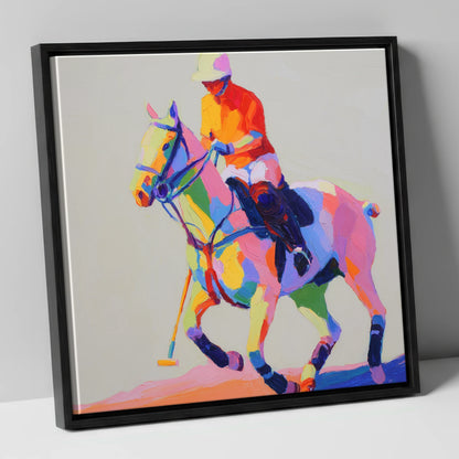 Vibrant Polo Pace polo horse canvas wall art in black frame